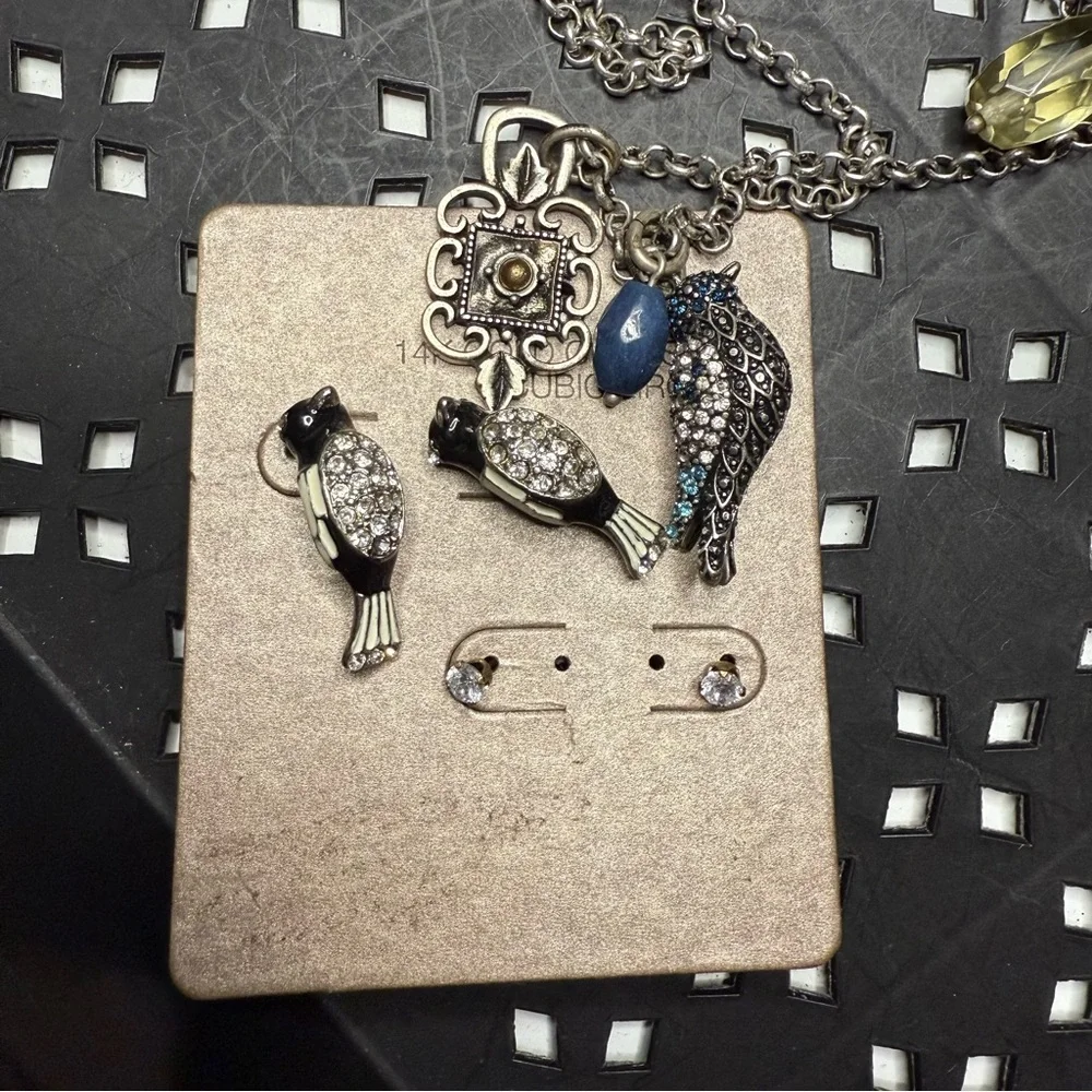 Lucky Brand Bird Charm Necklace + 14K Gold Over Silver CZ Bird Earrings Set - Picture 3 of 10